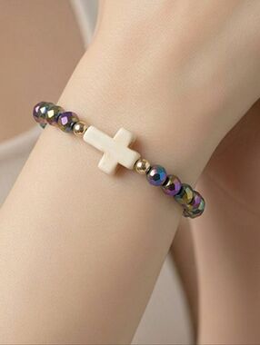 Aura Glow Iridescent Cross Beaded Bracelet Holographic Multicolor Stretch Faith